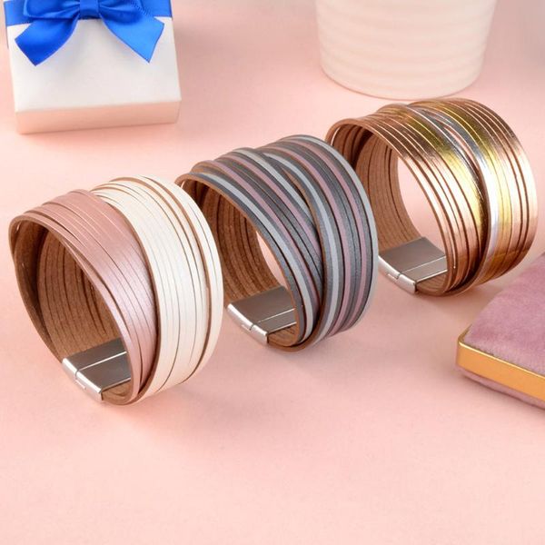 

charm bracelets 2021 fashion multilayer leather bracelet for women slim strips wide wrap female party jewelry gift, Golden;silver