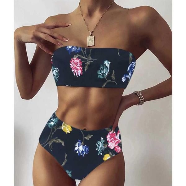 

women's swimwear floral bikini set 2021 bandeau swimsuit mujer high waist black bathing suit push-up brazilian biquini 2pc, White;black