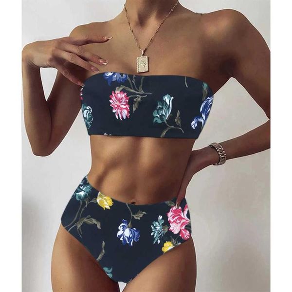 Damen Bademode Sexy Floral Bikini Set 2021 Bandeau Badeanzug Mujer Hohe Taille Schwarz Badeanzug Push-Up Brasilianische Biquini 2PC