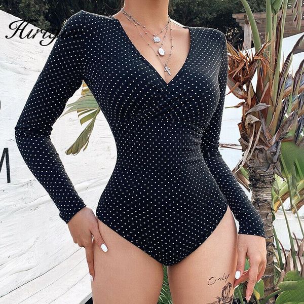 

women's jumpsuits & rompers polka dot one-piece bodysuit wrap v-neck skinny overalls women clubwear bodycon romper femininas long sleev, Black;white