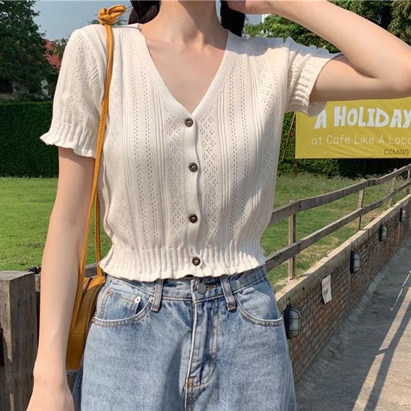 

women's t-shirt women knitted t-shirts v-neck button up tees short sleeve casual crop for 2021 summer, White