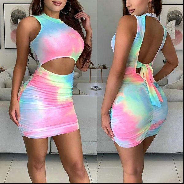 

backless women dresses tie dyeing print dress sleeveless hollow out bodycon tank lace up high waist mini, Black;gray