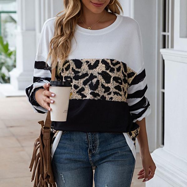 

women's t-shirt autumn women fashion casual leopard matching round neck clothes vintage oversize loose harajuku shirt female pullover t, White