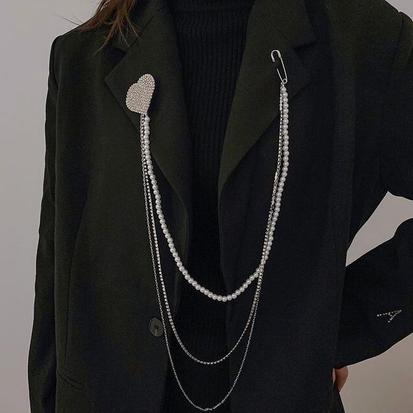 

pins, brooches lovoacc trendy simulated pearl long tassel for women ladies full rhinestones love heart paperclip brooch accessories, Gray