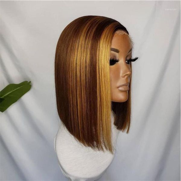 

highlight blonde 5*5 pu silk base wig lace front human hair wigs ombre short bob brazilian remy bleached knots1, Black;brown
