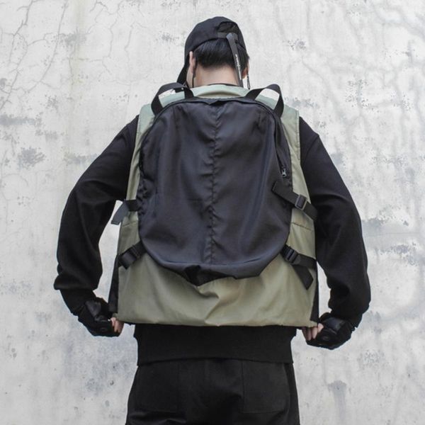 

men's vests aogz patchwork tactical functional cargo vest with backpack hip hop streetwear loose outwear techwear waistcoat jacket coat, Black;white