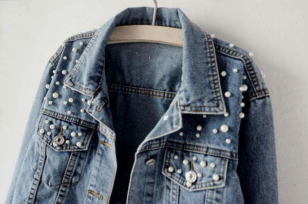 

women's jackets blue long sleeve denim jacket pocket beading casual short outwear coat coats and women plus size, Black;brown
