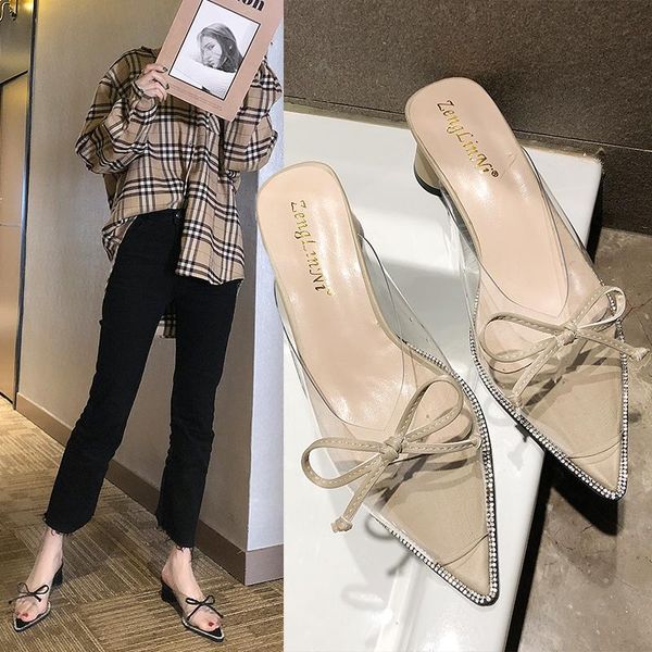

slippers woman chunky high heels bow crystal pointed toe lady elegant shoes ladies transparent slides female zapatos de mujer, Black