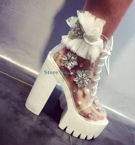 

boots crystal flower transparent pvc platform chunky heel white sweet lace up ankle summer rhinestone women short, Black