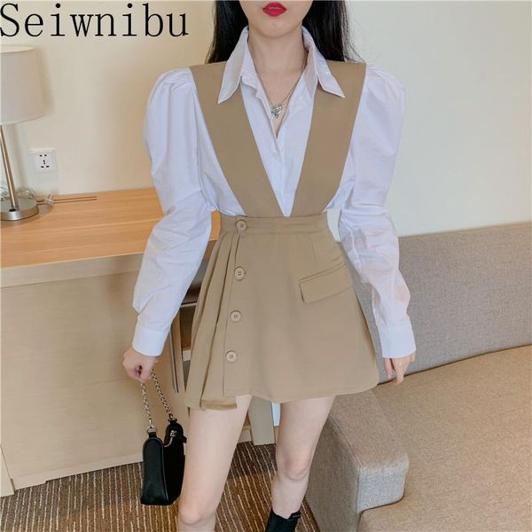 

women's tracksuits 2021 autumn style temperament bubble sleeve shirt + age reduction show thin high waist strap skirt two-piece set, Gray