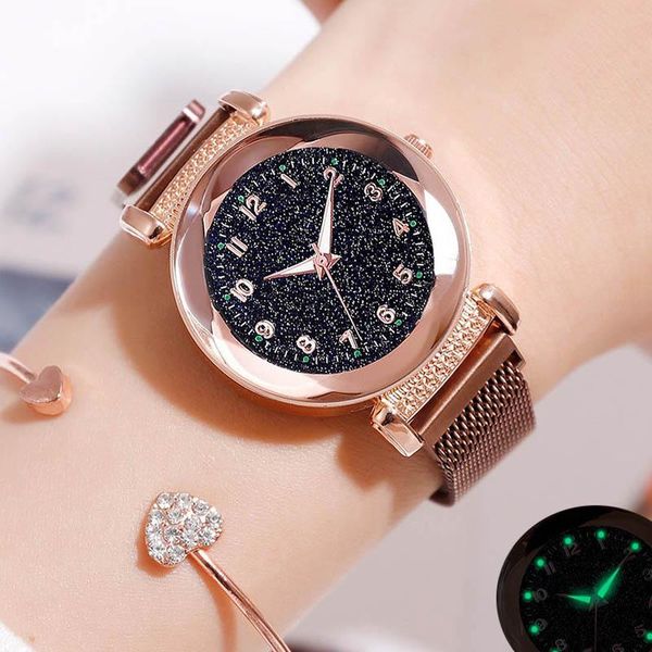 

wristwatches rose gold women quartz watches starry sky luminous magnetic mesh band geometry crystal personality relogio feminino casual gift, Slivery;brown