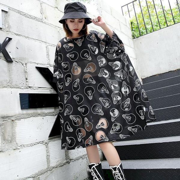 

oversized t-shirt women summer large size dress hollow light bulb personality female short-sleeved t-shirt 2021 gothic clothes, Black