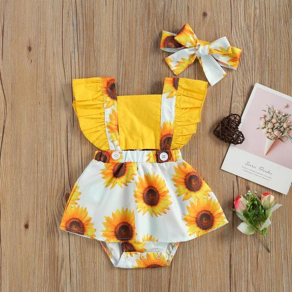 

jumpsuits 2pcs born baby summer outfits sunflower print square collar sleeveless romper bowknot headband for girls clothes, Blue
