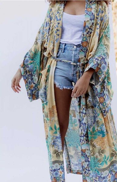 

super women blouses chic summer vintage blouse cardigan floral print long kimono sashes split loose beach femme blusas, White