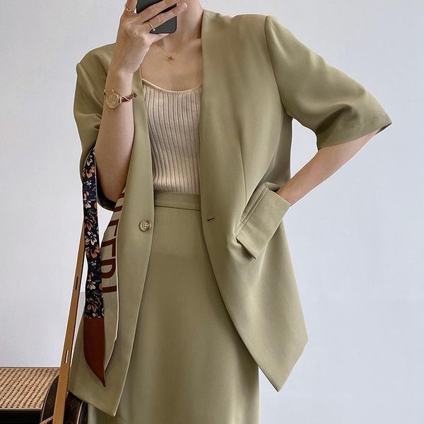 

women's suits & blazers [seattle suit] korean short sleeve blazer jacket + split skirt suit, White;black