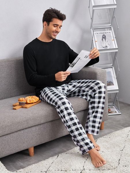 

men solid sleep tee & buffalo plaid sleep pants d34u#, Black;brown