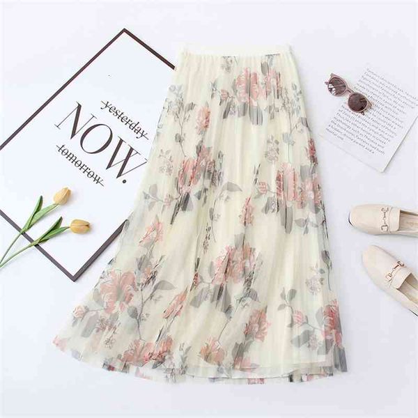

skirts women summer mesh flower print elegant boho beige long stretch high waist a-line femme faldas jupe saia t6fd, Black