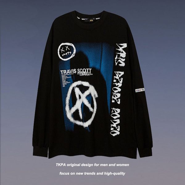 

Tkpa old high street American Graffiti printed long sleeve Hoodies for men and women, Black