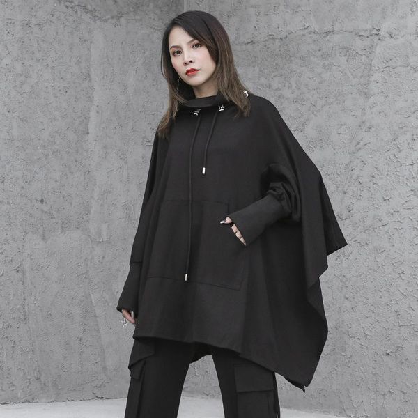 

women's hoodies & sweatshirts lanmrem 2021 spring solid color turtleneck irregular drawstring sweatshirt women streetwear loose casual, Black