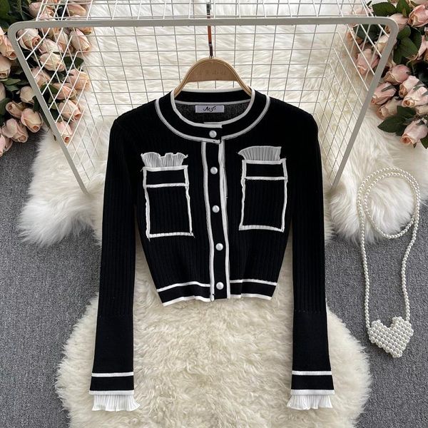 

women's jackets french knitted cardigan jacket female chiffon wood ear stitching single-breasted slim crop kk1323, Black;brown