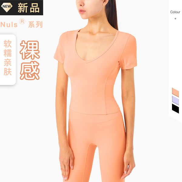 

luxury party dresses nuls nude yoga suit v-neck slim sports short sleeve t-shirt girl, Black