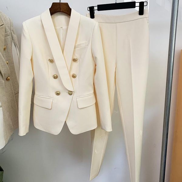

women's two piece pants fashion 2021 designer blazer suit set career classic shawl collar lion buttons double breasted, White
