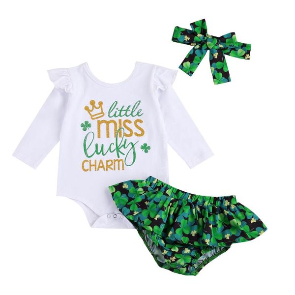 

3pcs baby girls st.patrick day set letter print long sleeve romper shamrock shorts headwear infant toddler sets 0-24m clothing, White