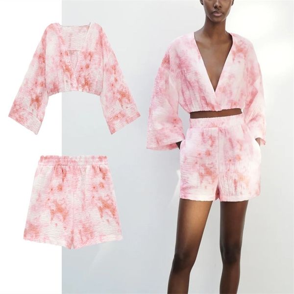 

vintage cropped tie dye women full long sleeve wrap v neck elastic summer blouse feminine fashion pleat causal shirt 210524, White