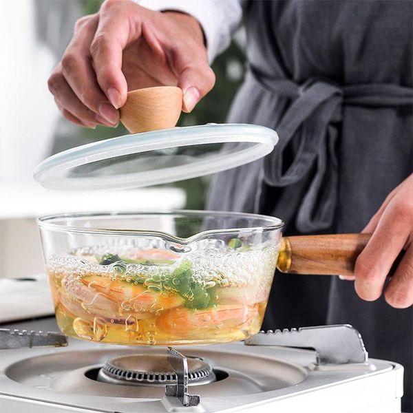 

smart home control 400ml/600ml glass pot with wooden handle cooking heating milk soup porridge household open fire kitchen cookware clay