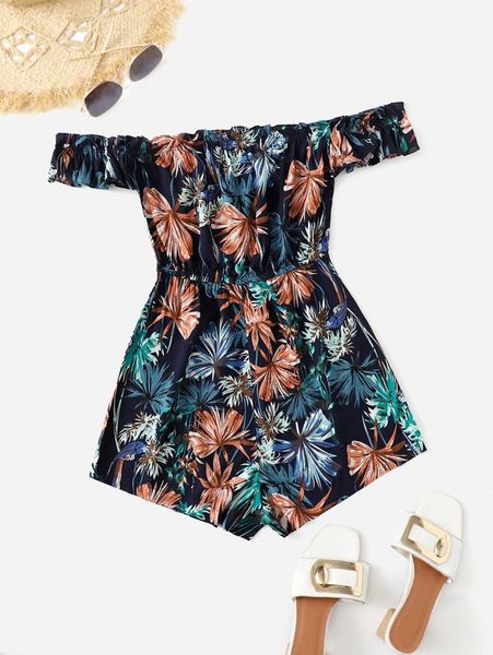 

off the shoulder tropical print romper z453#, White