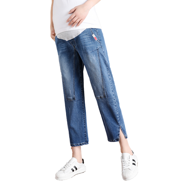 

maternity bottoms vintgae washed denim jeans for pregnant women clothes elastic waist belly loose pants pregnancy gravidas clothing, White