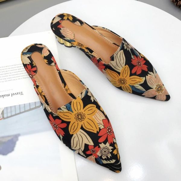 

slippers women bohemia cloth flowers summer slides gold heel 3 cm height pointed toe slip on mules boho dress shoes, Black
