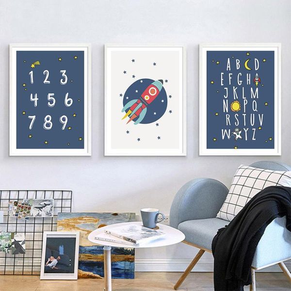 

paintings baby nursery bedroom poster canvas art prints cartoon astronaut rocket letter number wall painting kids room cute pictures decor