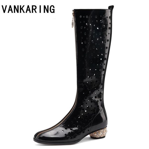

boots women's summer shoes cow leather knee high round heels cut outs hollow spring gladiator women lady sandals, Black