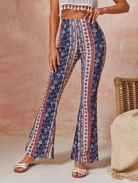 

floral print flare leg pants g193#, Black;white