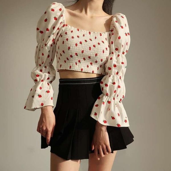 

women's blouses & shirts korean chic print strawberry woman shirt off shoulder puff sleeve vintage white blouse women clothes black sla