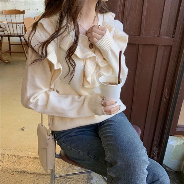 Suéteres femininos Winter Logo Ruffles Roupas Japão estilo chique Manga de moda de moda comprida Pullovers hipster Ladies 2021