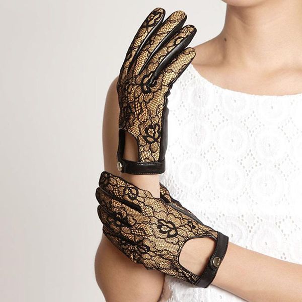 

five fingers gloves winter women genuine leather fashion lace wrist thermal goatskin s2605, Blue;gray