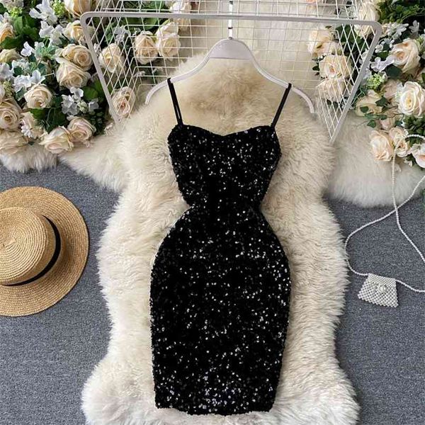 Abito aderente da festa con paillettes per donna Sexy cinturino per spaghetti regolabile senza maniche Backless Mini Clubwear Abiti 210603