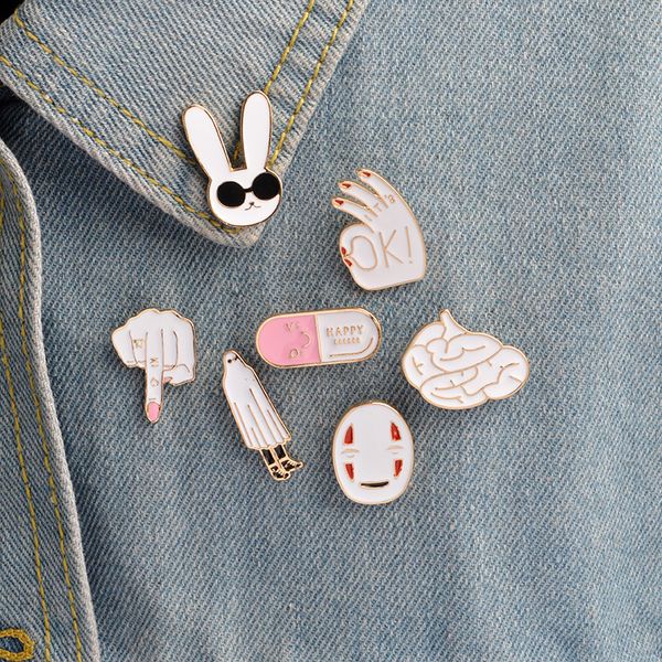 

cartoon gold plated brooches set 7pcs ok gesture brain bunny ghost capsule faceless man enamel paint badges for girls alloy pin denim shirt, Gray