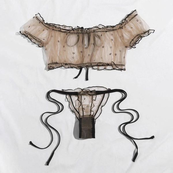 

bras sets pleated mesh lingerie set women sweet cute babydoll ruffle sleepwear ladies crop +briefs thong underwear string nightwear, Red;black