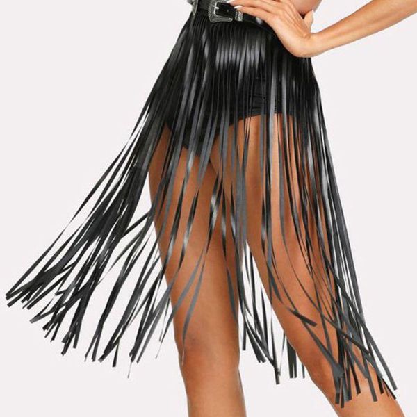 

skirts womens high waist faux leather fringe tassels skirt body harness with snap buttons halloween party punk rock clubwear, Black