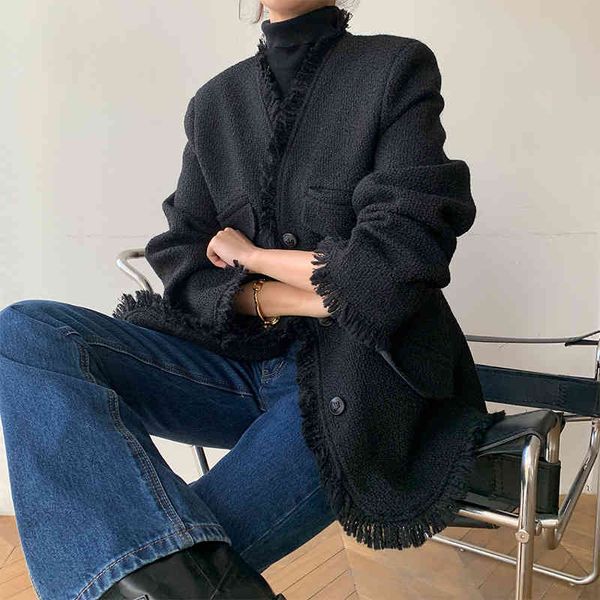 

blends black wool jakcet woman autumn female fringe tweed jacket outwear