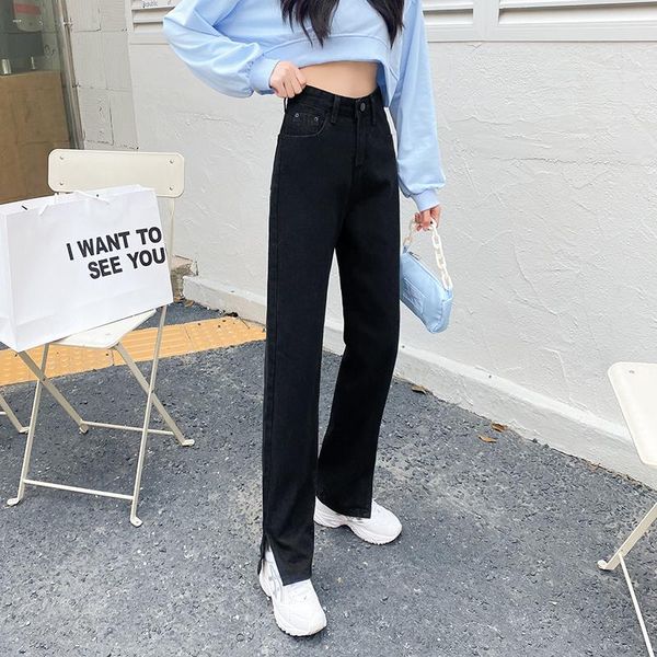 

women's jeans ailegogo high waist women retro washed black long denim pants vintage female split straight wide leg ladies trousers, Blue