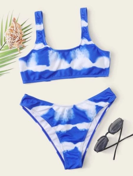 

swimsuit women's blue tie dyed split bikini, Black;white