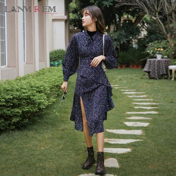 

casual dresses lanmrem 2021 autumn long-sleeved round-neck puff-sleeved chiffon blue floral print knee-length side split dress for women 2a2, Black;gray