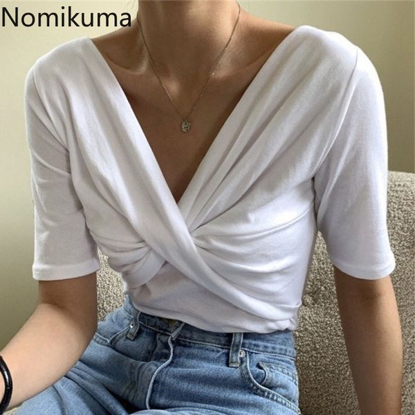 

nomikuma cross design short sleeve t shirt women solid color v neck casual all-match summer tshirts fashion camisetas 210514, White