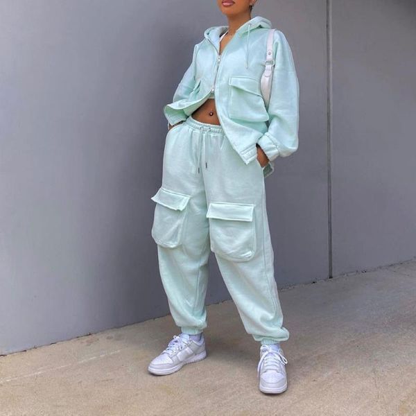 

women's two piece pants autumn 2021 fashion womens sets solid color pocket zipper elastic waist hooded long sleeve cargo suit, White