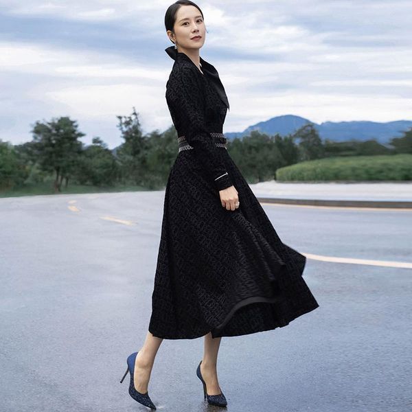 

casual dresses designer women's spring autumn long sleeve v-neck party fashion vintage elegant chic jacquard black midi dress, Black;gray