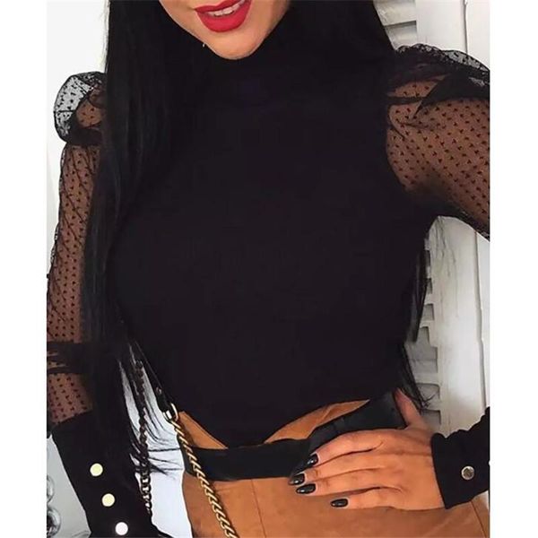 

fashion patchwork lace puff sleeve blouse women high neck autumn spring rib knitted white and vintage shirt women's blouses & shir